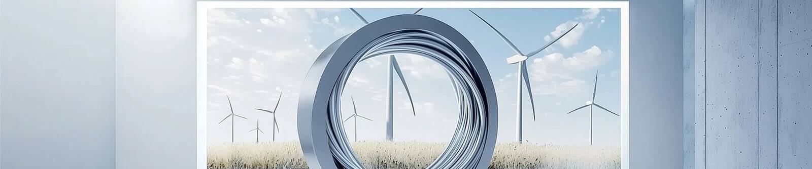 Stilisiertes Bandstahl-Coil vor Windkraftanlagen in einem Kornfeld 