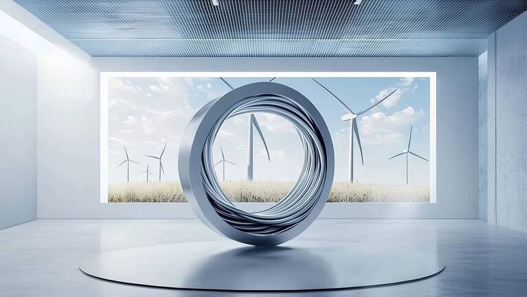 Stylized steel strip coil in front of wind turbines in a cornfield 