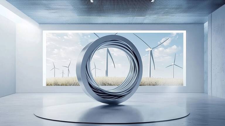 Stylized steel strip coil in front of wind turbines in a cornfield 